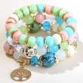 Bracelet bohème multicouches en perles avec pendentif Arbre de Vie doré et pierres colorées - Vert bourgeon de neige