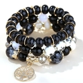 Bracelet perles multicouches bohème avec pendentif Arbre de Vie et fleurs noires - Noir