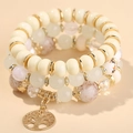Bohemian multilayer beaded bracelet set with Tree of Life pendant in earth tones - Off-white