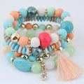 Bohemian multi-layer elastic beaded bracelet set with turquoise beads and pink tassel - Bohemian Mint Green Tassel Style / Green