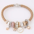 Bracciale boho in pelle con ciondolo Love, perle rosa e cristalli color champagne - caffè