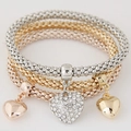 Three-tone heart charm stretch bracelets with gold, silver, and rose gold popcorn chains - Heart Pendant