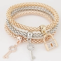 Three-piece stretch popcorn chain bracelet set with tree of life and crystal charms - Lock and Key Pendant