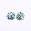 Detail view of round handmade beaded stud earrings with bohemian colorful bead patterns - White+Royal Blue+Light Blue