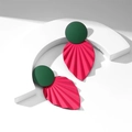 Fashionable leaf earrings featuring dark green round studs and pink textured dangles - Green & Red (E24)
