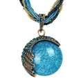 Bohemian vintage ethnic necklace with blue gemstone pendant and beaded woven chain - Dark Blue