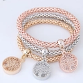 Three-piece popcorn chain bracelet set in rose gold, silver, and gold with tree of life charms - Round Tree of Life Pendant
