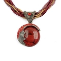 Bohemian retro ethnic necklace with large red stone pendant and intricate bronze carving - Red