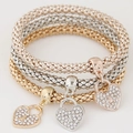 Three-piece layered star-themed mesh bracelets in gold, silver, and rose gold with heart charms - Full Rhinestone Heart Pendant