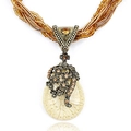 Bohemian vintage long necklace with teardrop pendant and bronze metallic flower design - White