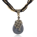 Bohemian vintage multilayer necklace with large teardrop stone pendant and beaded chains - Black