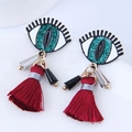 Vintage evil eye tassel earrings with green sequins and red fringe for women - Green Eye Red Tassel / Red