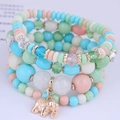 Modisches vierteiliges Perlen-Kristallarmband-Set mit goldenem Elefanten-Anhänger in Pastell - Helles Mehrfarbig