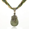 Bohemian vintage long necklace with opal teardrop pendant and braided green wax cord - Green