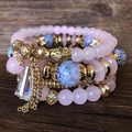 Bohemian multilayer beaded bracelet set with pink crystals and blue marble stones - Pink