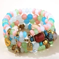 Multilayer bohemian beaded bracelet with colorful beads and gold Love heart owl charms - Light Multicolor