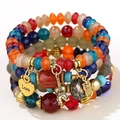 Bohemian multilayer beaded stretch bracelet with owl heart and tower charms - Deep Multicolor
