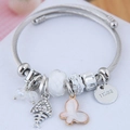 Adjustable silver stainless steel wire charm bracelet with fishbone and butterfly pendants - White Style (11352) / White
