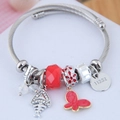 Adjustable stainless steel charm bracelet with red butterfly beads and crystal pendants - Red Style (11352) / Red