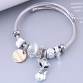 Adjustable stainless steel wire bracelet with fox pendant and faceted crystal beads - White