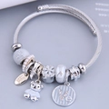 Bracciale a charms in argento con orsetto, torre Eiffel e ciondoli LOVE su cavo - Grigio