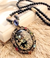 Vintage long sweater necklace featuring colorful shell inlay and multicolor rhinestones - Oval Shell