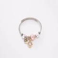 Adjustable stainless steel wire bracelet with pink heart, charms, and faux pearl pendants - Pink Waterdrop