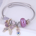 Bracelet en acier inoxydable argenté avec pendentif papillon violet et perles en cristal - Violet