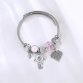 Charming girl and heart pendants on pink beaded stainless steel bracelet for women - Pink