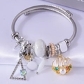 Silver stainless steel twisted wire bracelet with shell pearls and crystal charms - White