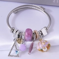 Steel bangle with triangle charm, pearl shell pendant and purple beaded details - Purple
