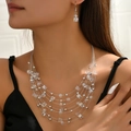 Boheems kristallen gelaagde ketting en oorbellen set met zilveren metalen kralen decoratie - Wit