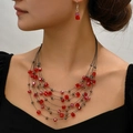 Boheemse meerlaagse kristallen kralenketting en oorbellen set in levendig rood en zwart - Rood