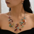 Bohemian multi-layer necklace and earring set featuring colorful natural crushed stones - Crushed Stone Multi-color