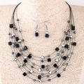 Bohemian multi-layer necklace and earring set with black and silver crystal beads - Black