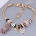 Adjustable gold charm bracelet with cute bear, heart pendant, and colorful glass beads - Coffee