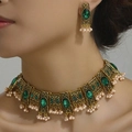 Set gioielli vintage con smeraldo e perle composto da collana d'oro nappa e orecchini - Verde (3082550)