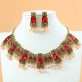 Set gioielli vintage bohémien con pietre rosse, metallo bronzo e nappe di perle - Rosso (3082553)