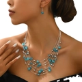 Bohemian multi-layer necklace set with blue cat-eye stones and matching earrings - Lake Blue