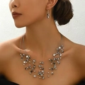 Parure bohème avec collier multicouche en perles de cristal grises et boucles d'oreilles - Gris