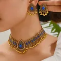 Parure bijoux bohème avec boucles d'oreilles à franges or et collier pierre bleue - Bleu