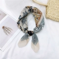 Retro animal print cotton linen square scarf with floral pattern and buckle tied knot - 4 Cotton Animal Council Beige