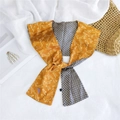 Double-layered silk scarf with bird pattern and geometric design tied on straw bag - Ginger Bird Pattern (5)