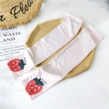 Pink ice silk sun protection arm sleeves featuring a cute strawberry print and smiley face - Strawberry (Pink)