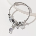 Pulsera de dijes de acero plateado con colgantes de gato y grabados de LOVE modernos - Negro