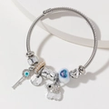 Silver bead bracelet with elephant charm, blue heart glass and 5 PARIS pendant - Blue