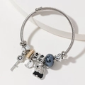 Silver stainless steel cable bracelet with evil eye key and crystal ghost charms - Black