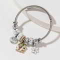 Silver woven beaded bracelet with colorful elephant, flower charms and tree of life pendant - White