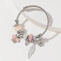 Charming silver steel cable bracelet with pink butterfly, pearl and leaf charms - Pink