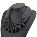 Bohemian multi-layer braided fringe necklace with matte black beads on grey woven cords - Black